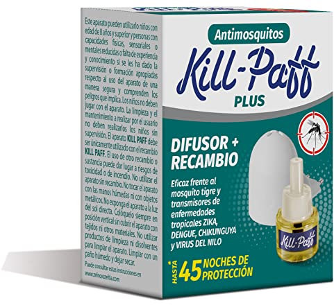 KILL-PAFF | Antimosquitos Eléctrico | Protección Eficaz Contra Mosquitos Tigre y Transmisores de Enfermedades Tropicales | Sin Olor | 45 Noches de Protección | 1 Difusor Eléctrico + 1 Recambio 33 ml