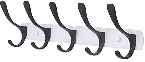 SKOLOO Porte-manteau mural moderne avec 5 crochets, robuste, en métal, pour accrocher vêtements, manteau, chapeaux, vestes, sac à dos, crochet mural noir sur blanc
