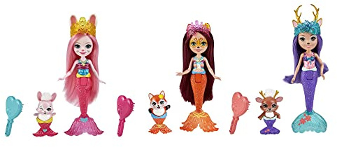 Enchantimals Meerjungfrauen-Puppen, 3er-Pack (15,2 cm), Bree Bunny, Felicity Fox, Danessa Hirschpuppen, Tierfreunde und Haarbürsten-Zubehör, tolles Geschenk für Kinder ab 3 Jahren