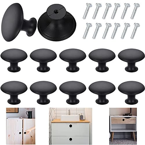 WDAFLG 12 Pieces 30mm Round Cupboard Knobs - Black Solid Handles Vintage Cabinet Hardware With Screws for Furniture Drawer Wardrobes Bathroom Doors
