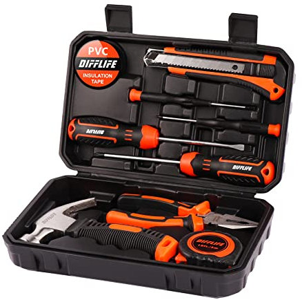 DIFFLIFE Tool Sets Household Tool Kit, 14-Piece General Home/Auto Repair Tool Set with Hammer, Pliers, Screwdriver Set and Toolbox Storage Case - Perfect for Homeowner, Diyer, Handyman (14-Piece)…