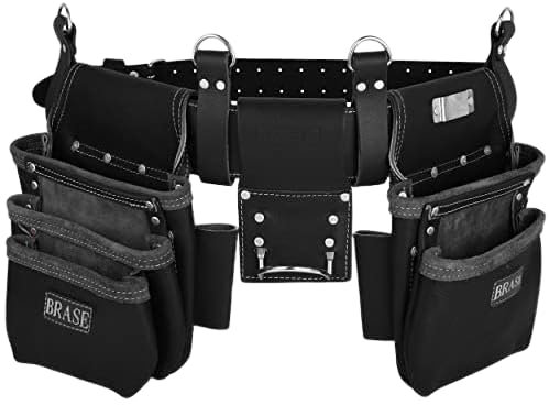 Brase Leather Tool Bag,17 Pouch with Multi Pockets, DIY Belt Tool Storage Organiser Hammer Loop Professional Work Pouch for Builder, Electricians, Technician Adjustable Waist Holder Bag (Black)