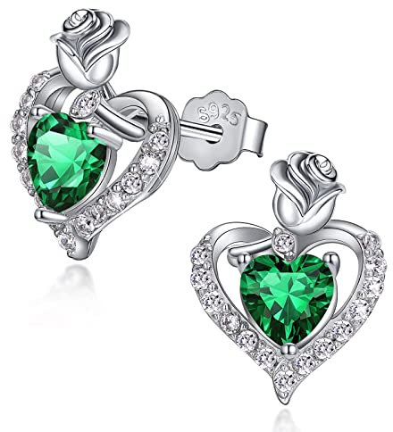 Coeur Rose fleur pierre de naissance Boucles d'Oreilles pour Femmes filles 925 en argent Sterling zircon cubique Mai Clou D'oreille bijoux cadeaux
