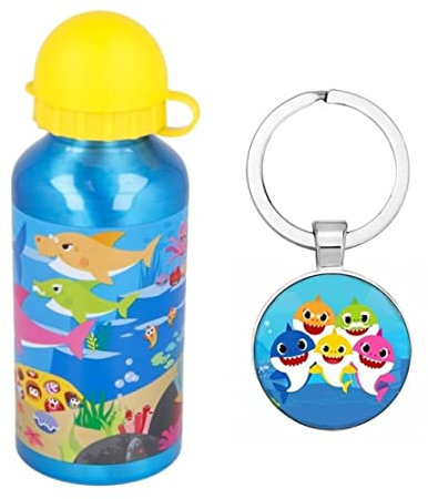 OM SUPPLIES Baby Shark Sports Bottle 400ml - Aluminium, Holiday, Back to School, Kids Lunch, Includes Baby Shark Keychain