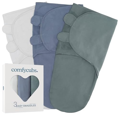 Comfy Cubs Easy Swaddle Blanket, 3 Pack - 100% Cotton Swaddle Set, Small for 0-3 Months Infants, Breathable and Durable Sleep Sack, Newborn Baby Gifts - Stone, Nomadic Blue, Azul