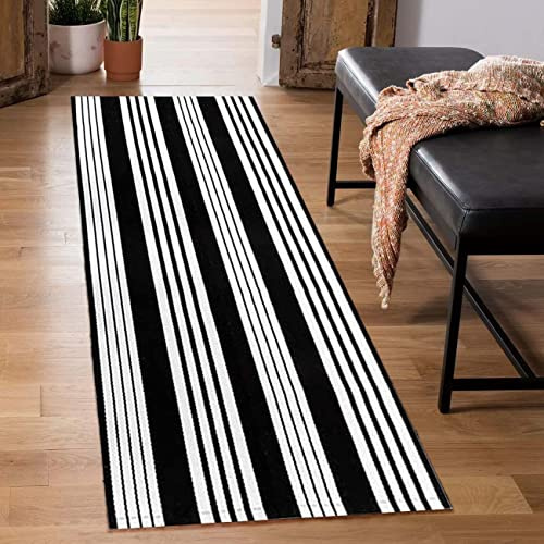 Schwarz und Weiß Läufer Teppich, 60 x 180 cm, Bauernhaus, Flur, Eingangsläufer, maschinenwaschbar, für den Innenbereich, für Veranda, handgewebter Eingangsteppich für Wäsche/Badezimmer/Schlafzimmer