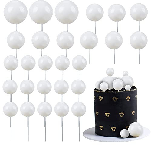 Gyufise 30Pcs Balls Cake Topper DIY Cake Insert Toppers Ball Cake Picks Cupcake Topper for Birthday Party Baby Shower Wedding Cake Decoration White