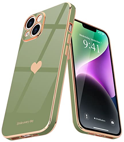 Teageo Lovely Case for iPhone 14, Cute Heart Back, Light green | Luxury Bling Plating, Soft TPU, Anti-Scratch Shockproof Bumper, for Women Girls, Lovely Heart Pattern