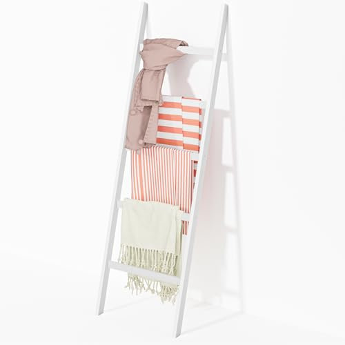 WTZ Blanket Ladder, 5-Layer Towel Racks, Blanket Holder with Anti-Slip Construction Home Decor, Decorative Blanket, Quilt, Towel, Scarf Ladder Shelves for Livingroom, Bedroom, Bathroom, BL-538 White