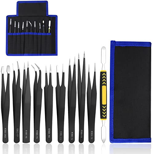 XxinXrong10 Pezzi Set di Pinzette di Precisione ESD, Pinzette Antistatiche in Acciaio Inossidabile, Pinzette Modellismo Industriali Strumento Per Elettronica, Gioielleria, Riparazione, Laboratorio