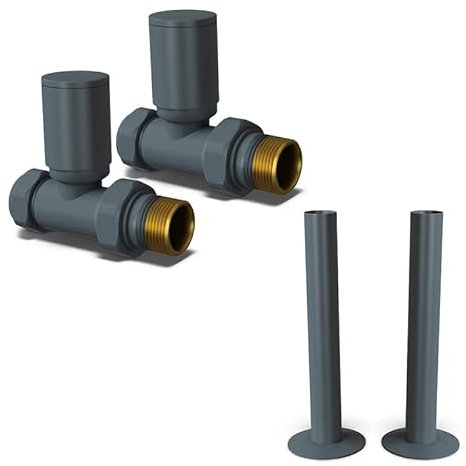 UK Radiators Round Anthracite Radiator Valves and Pipe Covers - Anthracite Matt Finish - Classy and Modern Design 1/2 x 15mm Straight Radiator Valves - Pair of Valves with 130mm Pipe Covers