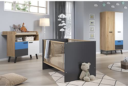 Babyzimmer Set, mit höhenverstellbaren Babybett grau, Wickeltisch mit Wickelaufsatz und Kleiderschrank 2 türig in weiß Graphit und Buche inkl. Wechselblenden in rosa und blau
