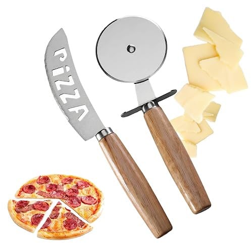 BJ Essentials - Pizza Cutter Cheese Knife Professional Food Grade Stainless Steel, Perfect Gadgets for Kitchen Accessories, Wooden Handle, Light Weight & Sharp Blade