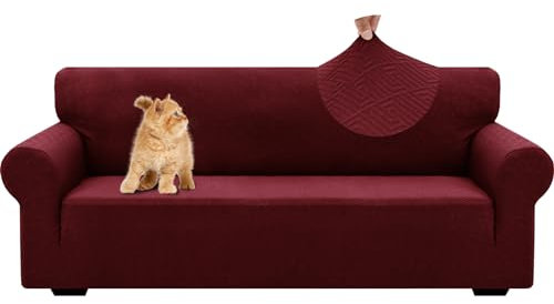 YSTELLAA Stretch Sofa Überzug 3 Sitzer, Sofaschoner rutschfest Mit Armlehne, Universal Jacquard Sofabezug, Dicke Sofabezug Für Hunde Katzen Und Haustiere, Waschbare Sofa Cover, Rot