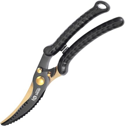 MITSUMOTO SAKARI 25cm schwere schwarz-goldene Küchenschere, japanische Küchenschere, professionelle Geflügelschere aus legiertem Stahl zum Schneiden von Hühnchen, Fleisch und Knochen
