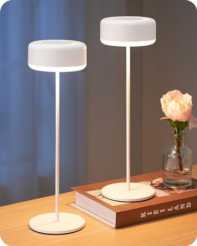 EDISHINE Tischlampe Akku 2er Set, Nachttischlampe kabellos,Touch Dimmbarr Batterie Lampe, Magnetisch Aufaden, IP54 Wasserdicht, 4400 mAh Batterie, LED Tischleuchte für Innen und Außen, Weiß