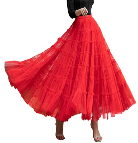 Falda de tul para mujer, falda larga de 7 capas, falda de torta, elegante, suave, para carnaval, danza, vestido de baile, falda de tutú, falda de ballet para adultos, rojo, Talla única