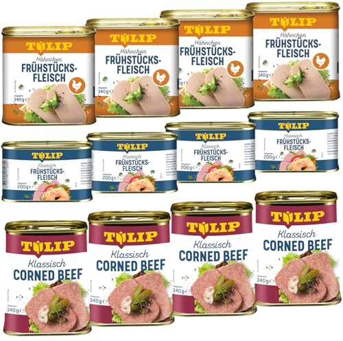 TULIP 4x Klassisches Corned Beef 340g + 4x Hähnchen-Frühstücksfleisch 340g + 4x Schweine-Frühstücksfleisch 200g | 98% Rindfleisch 86% Schweinefleisch 80% Hühnerfleisch | Konservenfleisch