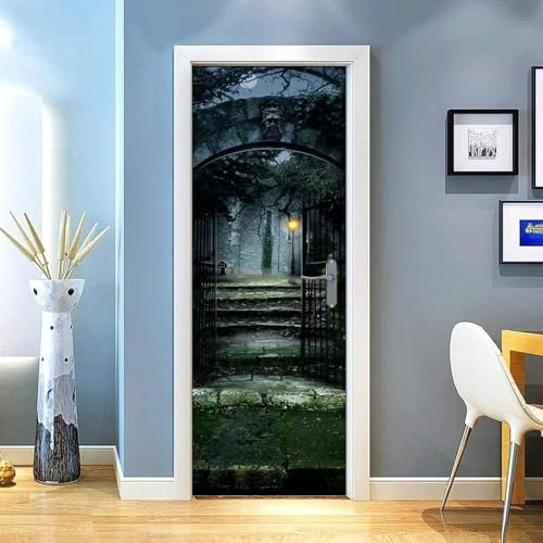 3D Door Sticker Mural Green Garden Night View Iron Gate 95 X 215 Cm Removable Self-Adhesive Mural, Used For Bedroom, House, Door, Living Room, Bedroom, Office, Wall With Vinyl Film, Living -5R7K3P3K0Y