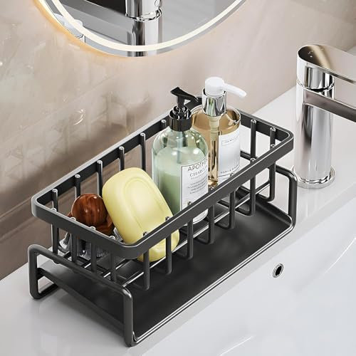 RZMZBY Porta esponjas fregadero cocina, organizador para fregadero de acero al carbono, cesta multifuncional para fregadero, organizador para fregadero, soporte dispensador para esponja, 23 x 10 x 9