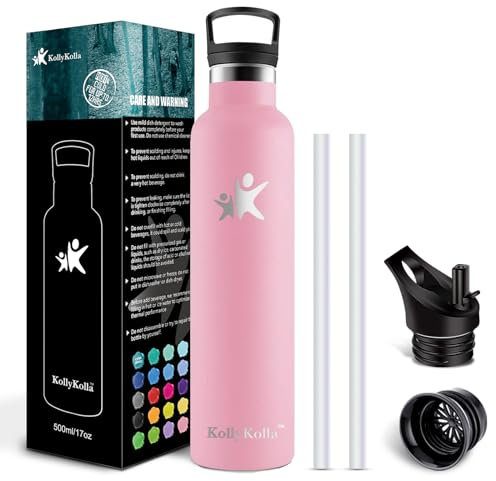 KollyKolla Trinkflasche Edelstahl 1l, Thermosflasche, Wasserflasche mit Strohhalm, Trinkflasche Kohlensäure Geeignet für Kinder, Sport, Travel, Schule, Outdoor, mit Zwei Deckel
