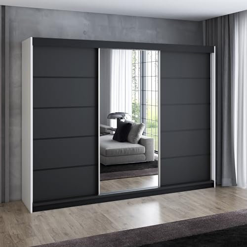 A&J MöbelLand Schwebetürenschrank VILANO 4, 3-türig Schrank 200 cm Kleiderschrank mit 4 Schubladen, und Spiegel (Weiß, Schwarz, Somona) (Weiß/schwarz/schwarz)