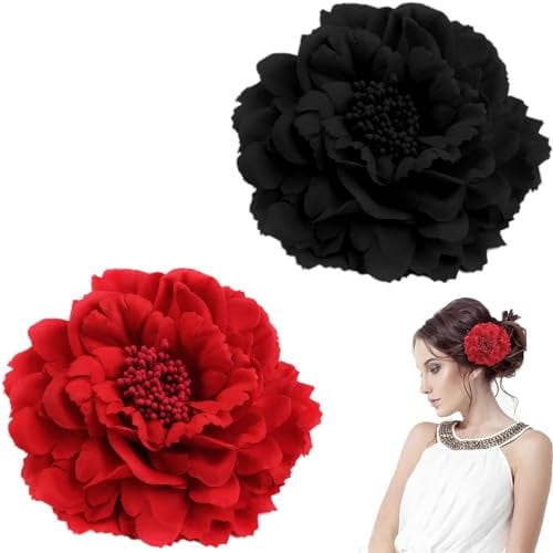 2 Pcs Peony Hairpin, Artificial Flower Hair Pins, Red Flower HairClip, Flower Hairpin, Vintage Rose Red Hair Barrette Accessories for Women Girls Party Beach Wedding(Red, Black)