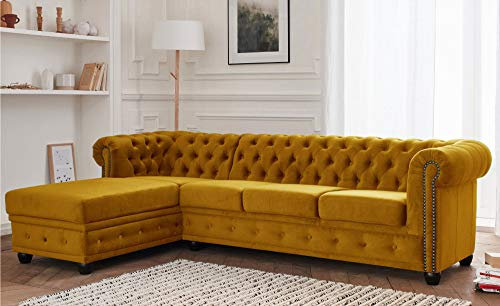 William - Chesterfield Ecksofa Links - 4 Sitzplätze - aus Samt Gelb