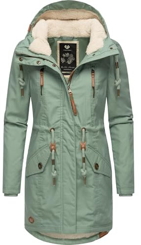 Ragwear Damen Mantel lange warme Winterjacke mit Teddyfell-Kapuze Elsie Intl Dusty Green24 Gr. XL