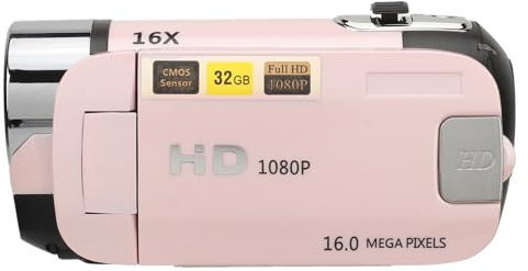 Cámara Digital D90 1080P 16MP, Videocámara, Cámara con Pantalla Giratoria de 2,4 Pulgadas, Grabadora de Vídeo HD con Zoom 16X y Luz de Relleno (Rosado)