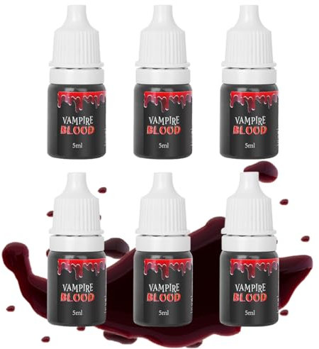 Fake Blood Washable, 6pcs Realistic Drips Sticky Fake Blood, Professional Washable Stage Blood, Fake Blood Makeup Kit for Halloween, SFX Makeup, Cosplay Party, Stage, Horror Film (6 Pcs)