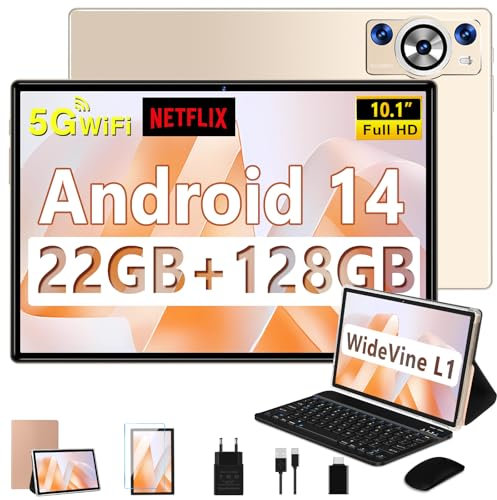 Tablet 10 Zoll Android 14 mit Tastatur, Octa-Core 2.0Ghz, 5G+2.4G WLAN, 22GB RAM+128GB ROM TF 1TB, 8000mAh, BT 5.0, GPS, Widevine L1, Gesichtserkennung, 1280*800, 8+5MP, Tablet mit Maus, Gold