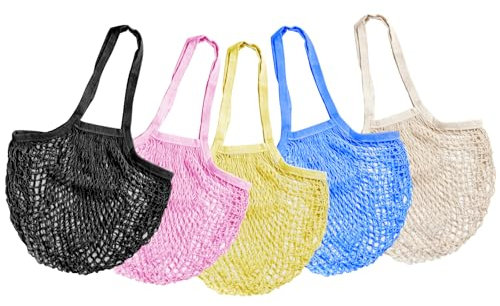 5 Stücke Einkaufstasche Netz Wiederverwendbar, Wiederverwendbare Baumwolle Einkaufsnetz Netzbeutel Mit Griff Einkaufsnetz Obst Gemüse Netztasche Einkaufstasche Netz