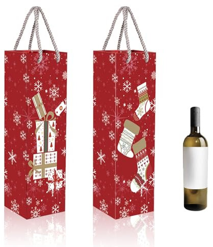 POPOYU 12 Pcs Wein Geschenktasche für Weihnachten, Weinflaschenbeutel aus Kraftpapier, Flaschentüten Geschenktüten für Wein mit Griff, Kraft Wein Organizer für Hochzeit, Geburtstag Party 2DarkRedolor