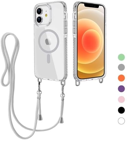 FERLAN Crossbody Lanyard Case for iPhone 12 Pro/iPhone 12 with Strap, Necklace Mobile Phone Case with Mag-Safe Transparent TPU Acrylic Case Cover with Cord Adjustable Lanyard Protective Case -grey