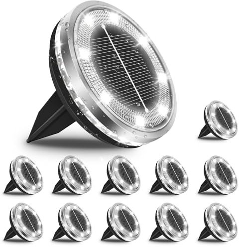 Bowfar 12 Stück Solar Bodenleuchten Aussen, IP65 Wasserdicht Solarlampen 12 LEDs Gartenbeleuchtung Solar Mit Upgrade Solarpanel, Kaltweiß Solarleuchten für Garten, Rasen, Gehweg, Patio, Auffahrt