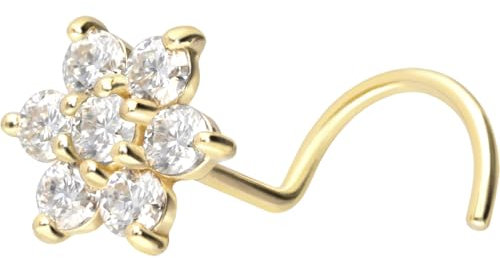 PIERCINGLINE 14 Karat Gold Nasenpiercing Spirale MOISSANIT BLUME Piercing Nase Stecker Gelbgold Kristallklar