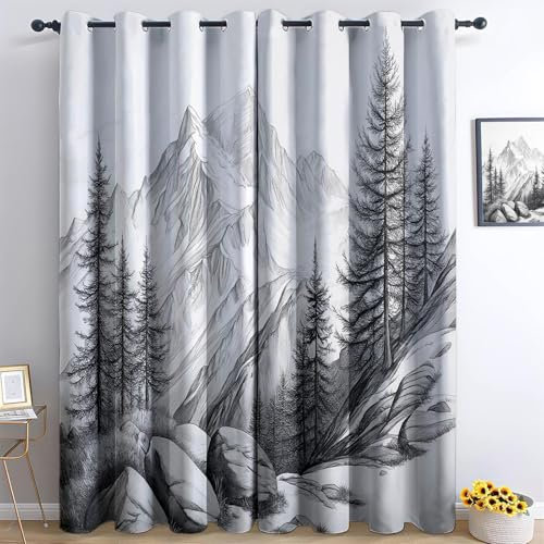 Stile Schizzo Tenda Da Finestra Montagna Innevata Della Foresta Tenda Oscurante Termica Isolante Per Camera Letto Soggiorno Interni Finestre, Con Occhielli 2 Pannel 70L X 160A Cm