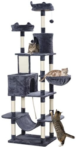 PawHut Arbre à chat 206 cm, tour de jeux pour chat avec poteaux et planche à griffer, 4 plateformes, 2 niches, 1 hamac, 2 balles et corde, en peluche, plusieurs niveaux idéal pour 1-3 chats gris foncé