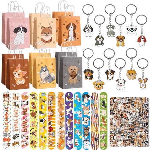 Yhjxly 86Pcs Hunde Party Mitgebsel, Hunde Geburtstag Deko Party Set, Hunde Geschenktüten, Schnapparmband, Schlüsselanhänger, Aufkleber ,Hunde Deko Kindergeburtstag,für Jungen und Mädchen