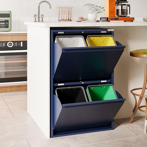 VEEHAUS Küchen Mülltrennsystem, Metall Müllschrank, 4 Klappfächer 4 x 15 L | Freistehend & vormontiert, 4 einzeln öffenbare Klappen, Magnetische Front, Herausnehmbare Eimer, 60L Denim
