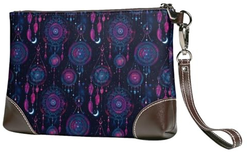 Pochette da donna, con ciondolo a forma di piuma, con stampa di piume viola, portafogli e borse in pelle