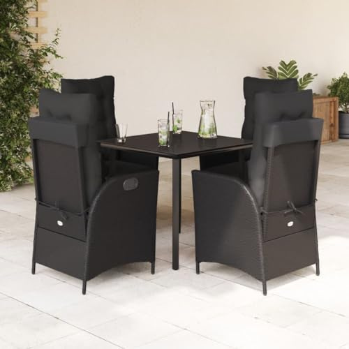 QJBSAVVA 5-TLG. Garten-Essgruppe Schwarz Poly Rattan 80x80 cm Tisch & verstellbare Stühle mit Auflage für Balkon Terrasse und kleine Outdoor-Sitzecke