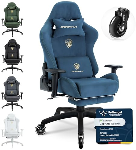 Dowinx Gaming Chair with Faux Suede Fabric and Rubber Casters, Ergonomic Gamer Chair with Adjustable Massage Lumbar Support, 160° Reclining Backrest, Big and Tall Computer Chair with Footrest, Blue