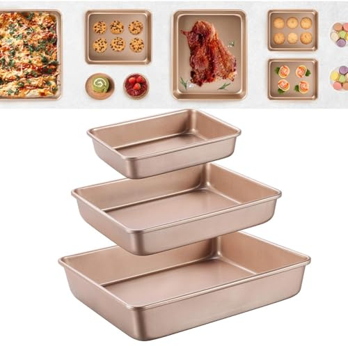 Helilyco Carbon Steel Baking Tray Set of 2, Rectangular Non-Stick Oven Tray for Cake Baking, Even Heat Distribution, Rose Gold