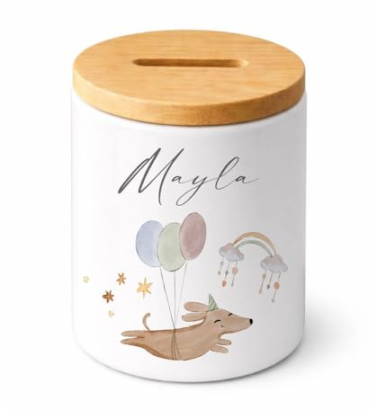 Manufaktur Liebevoll | Personalisierte Spardose für Kinder mit Namen Keramik Spardose mit Bambusdeckel Kinder Spardose personalisiert Geschenk zur Geburt, Taufe & Geburtstag (Hund)