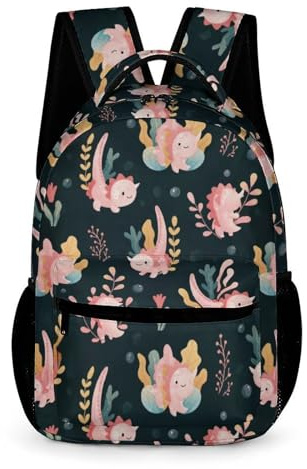 WECECE Rucksack Schule Axolotl Mädchen 8 Jahre Schulrucksack mit Salamander Klasse 3 Kinderrucksack mit stabilem Griff 43x32x15 cm für Geburtstagsgeschenk für Bücher Hefte