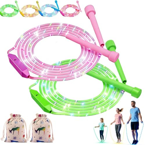 Corda per saltare luminosa a LED per bambini, corda per saltare con luci colorate, ricaricabile, con manici antiscivolo, 3 modalità di illuminazione arcobaleno regolabili, per bambini e adulti (E-1)