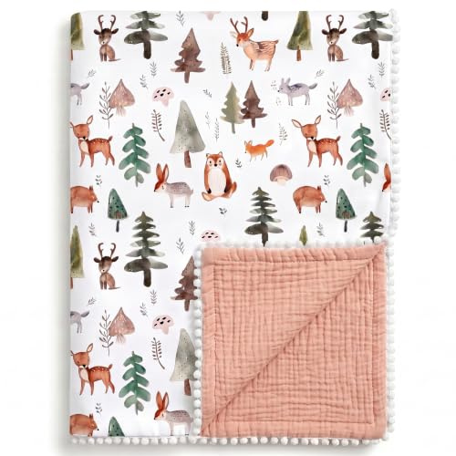 Babydecke Baumwolle 80x100 cm - Doppelseitige Musselin Decke für Babys, Neugeborene & Kinder, Weiche Atmungsaktive Kuscheldecke mit Pom-Pom Rand für Kinderwagen, Babybett & Reise, Waldtier (Braun)