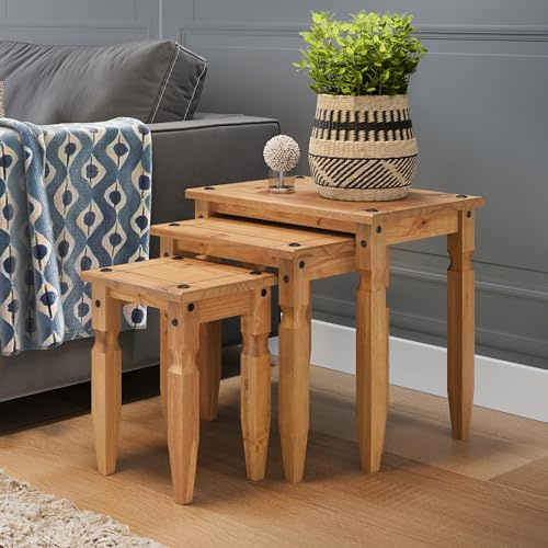 Corona Piccolo Nest Of Tables 3 Solid Wood Pine Wooden Small Side Lamp End Coffee Mexican Style Living Room Lounge 51cm High 53cm Wide 35cm Deep = Largest Table